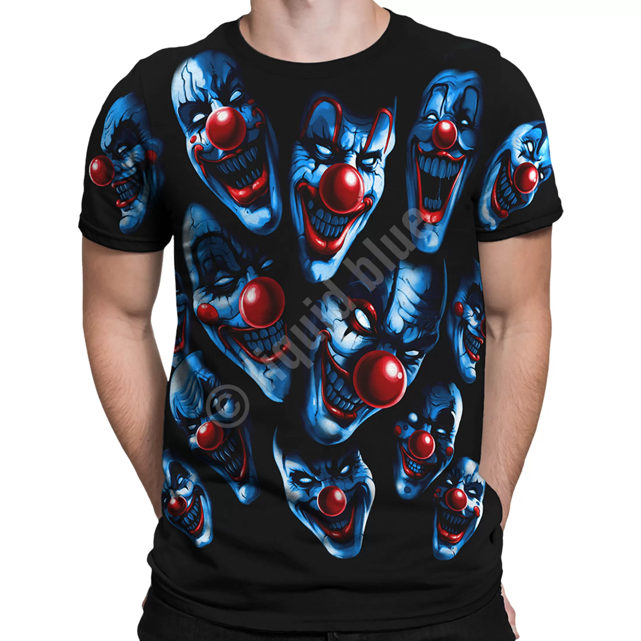 T-Shirt | Halloween<Liquid Blue All Over Clowns Black T-Shirt