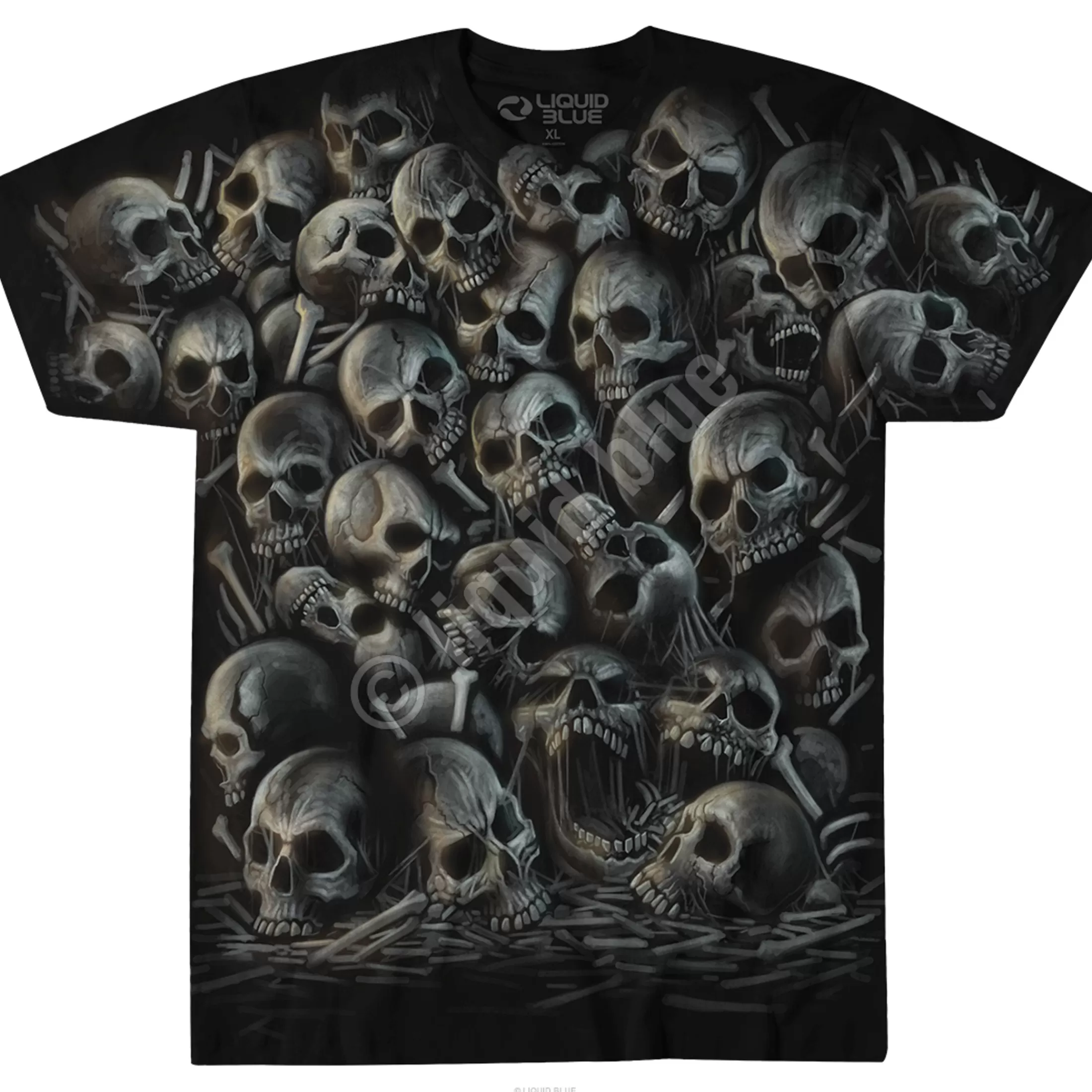 T-Shirt | Halloween<Liquid Blue All Over Skulls Black T-Shirt