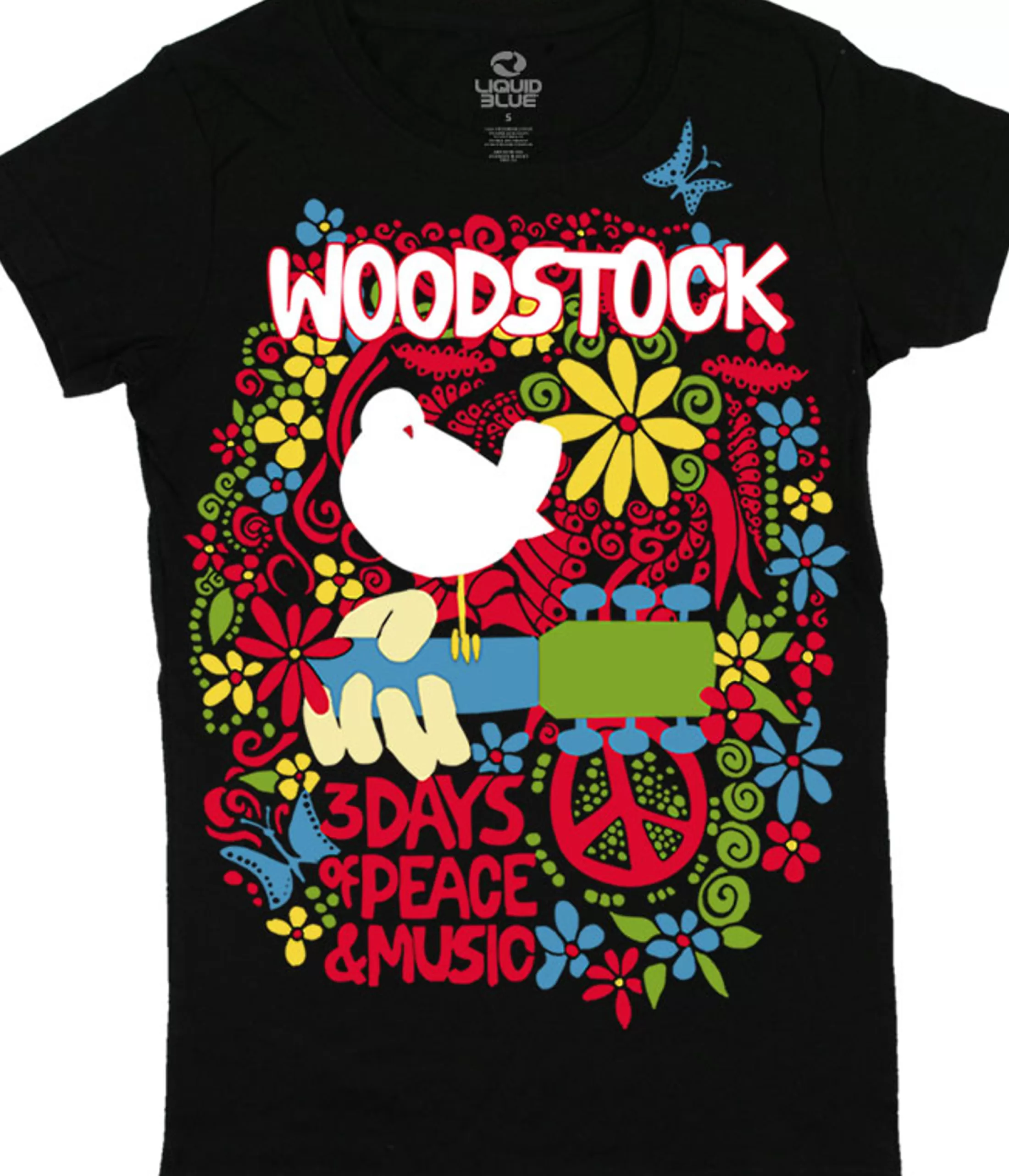 Juniors Long Length | Woodstock<Liquid Blue Aquarian Exposition Juniors Long Length Black T-Shirt