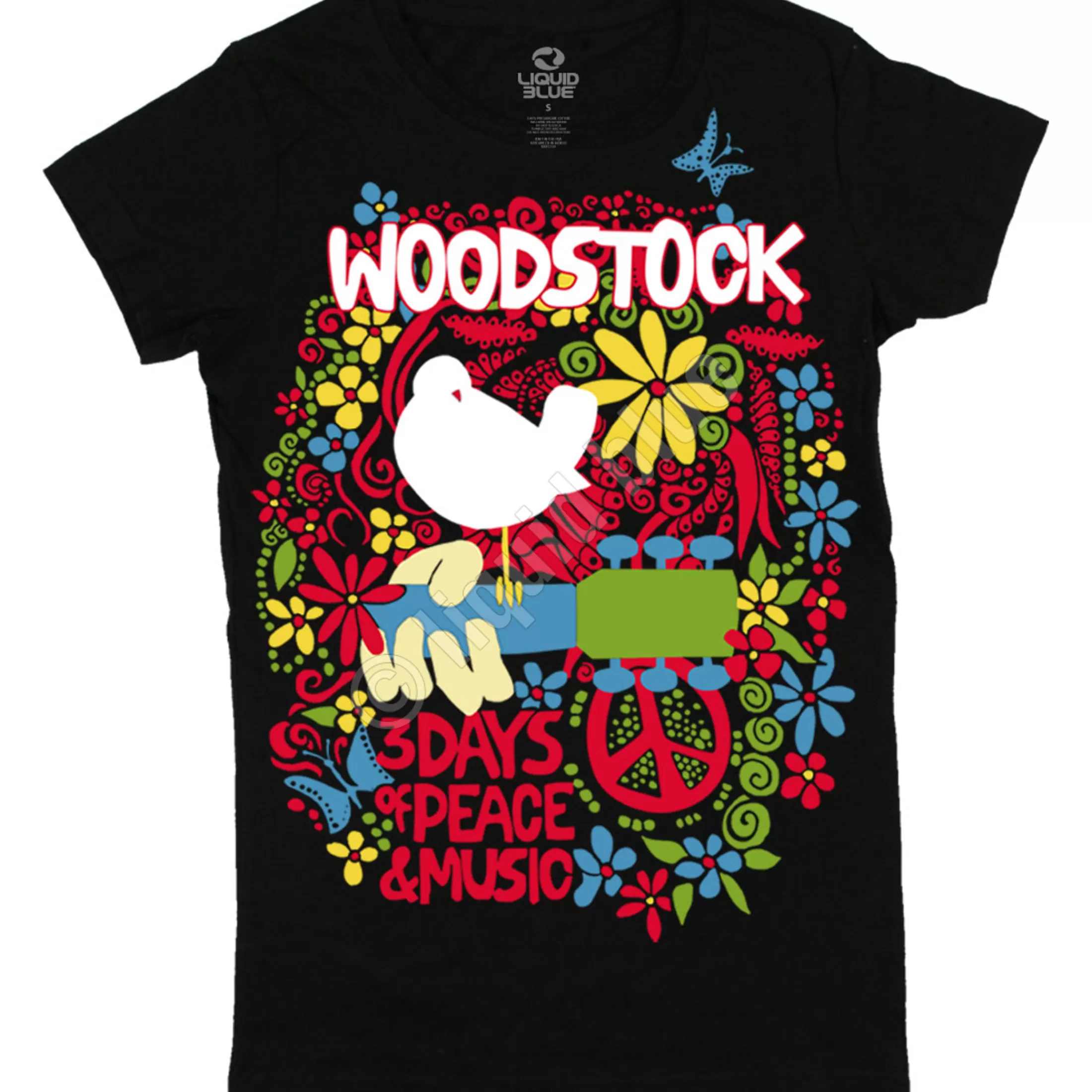 Juniors Long Length | Woodstock<Liquid Blue Aquarian Exposition Juniors Long Length Black T-Shirt