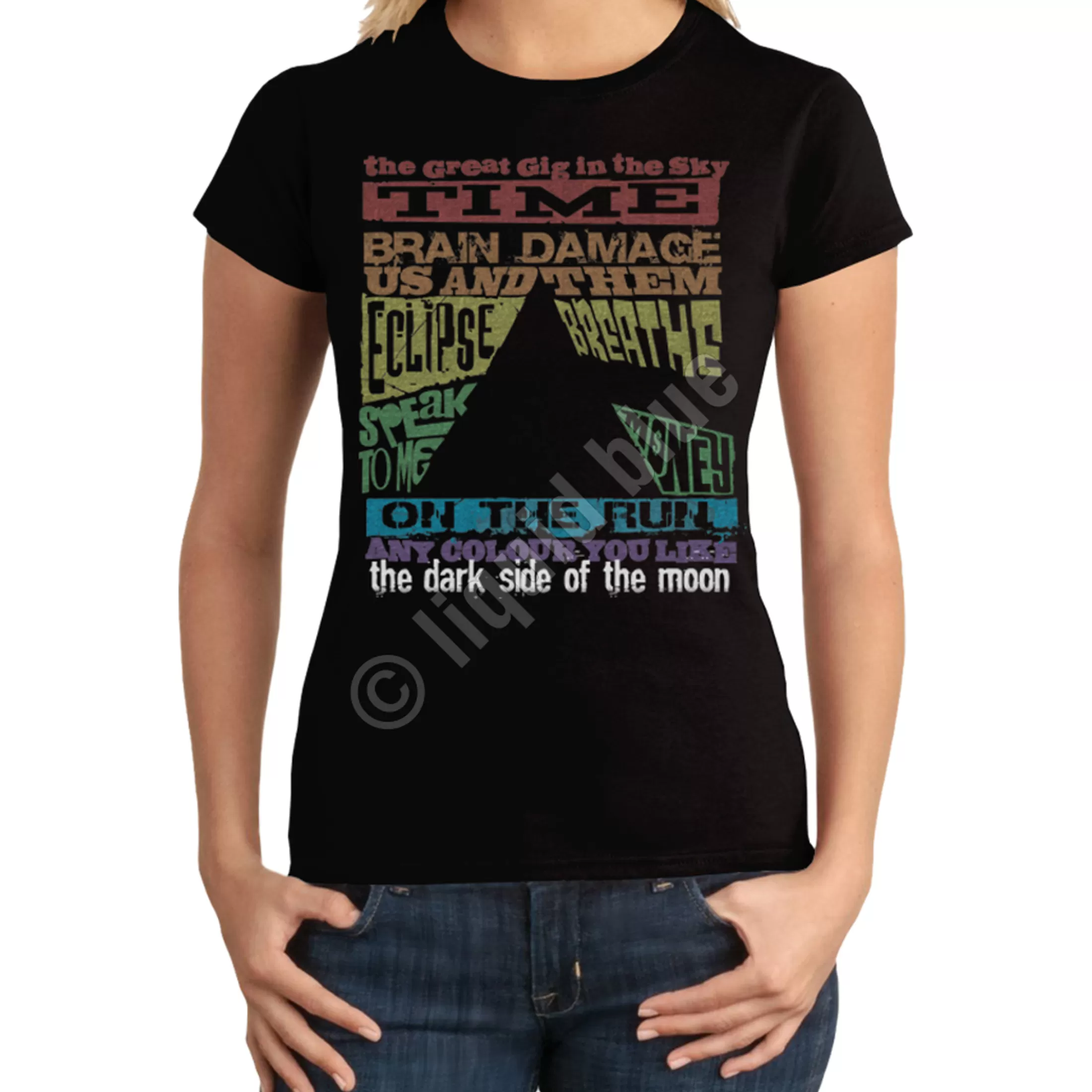 Juniors Long Length | Pink Floyd<Liquid Blue Dark Side Tracks Black Juniors Long Length T-Shirt