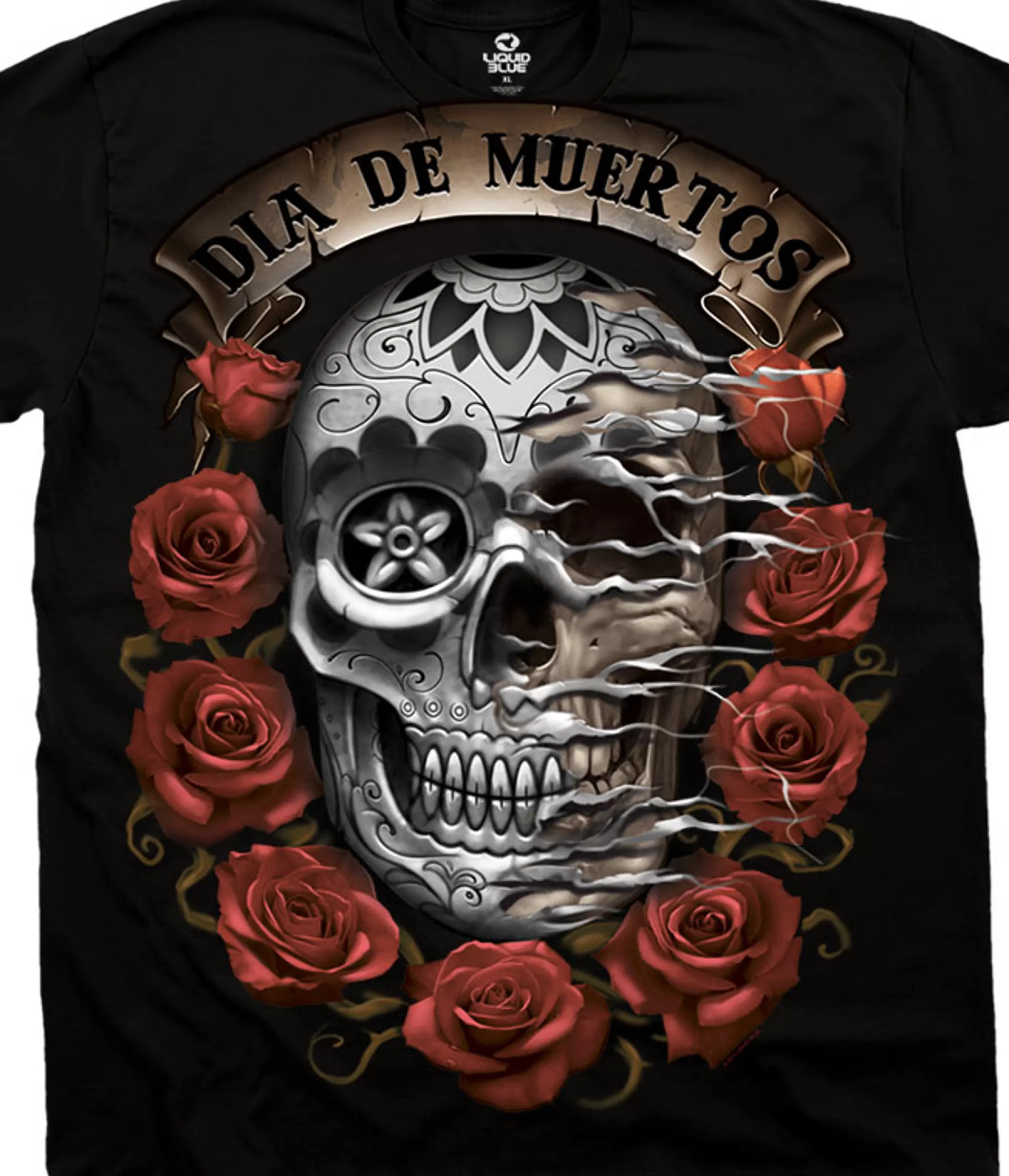 T-Shirt | Halloween<Liquid Blue Dia De Muertos Skull Black T-Shirt