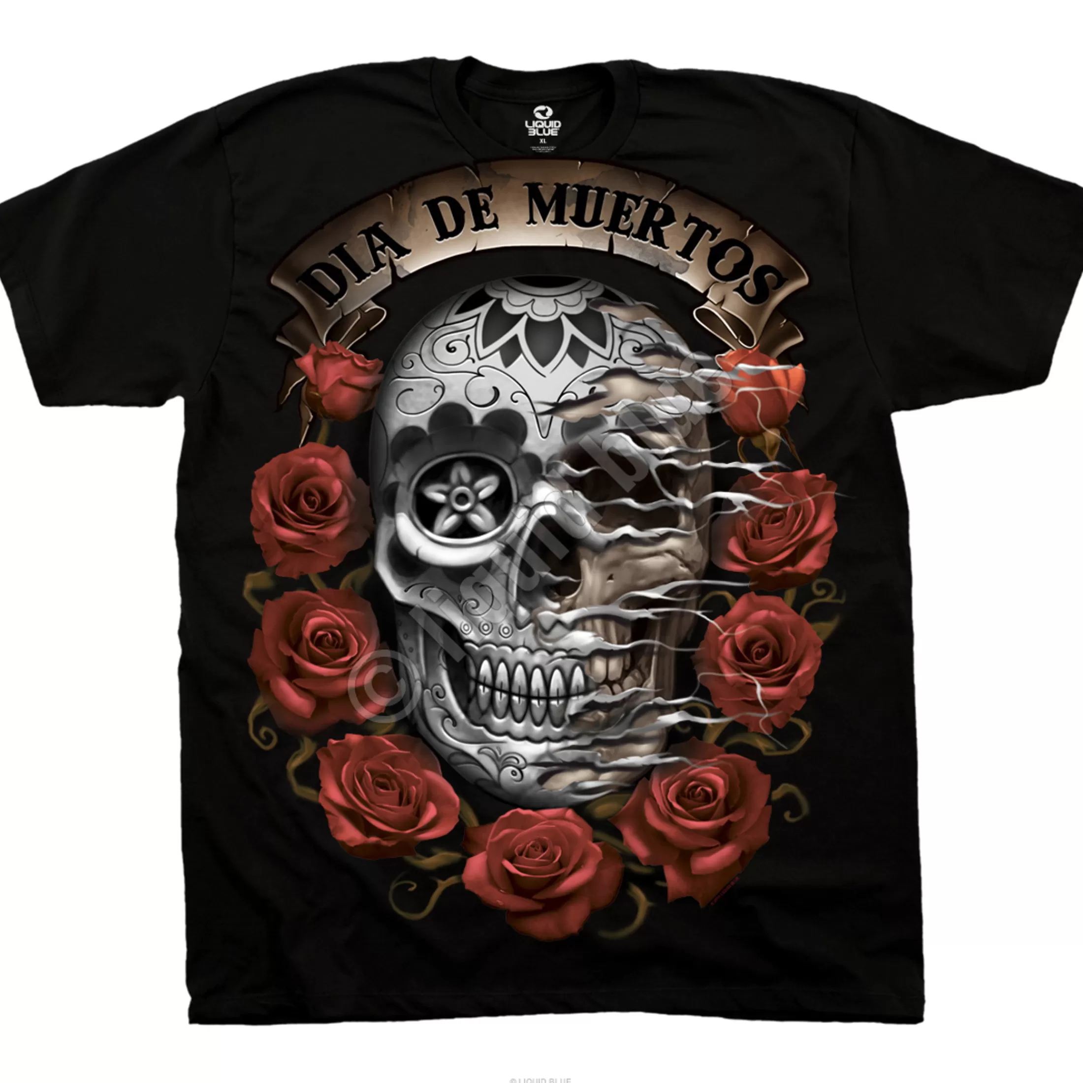 T-Shirt | Halloween<Liquid Blue Dia De Muertos Skull Black T-Shirt