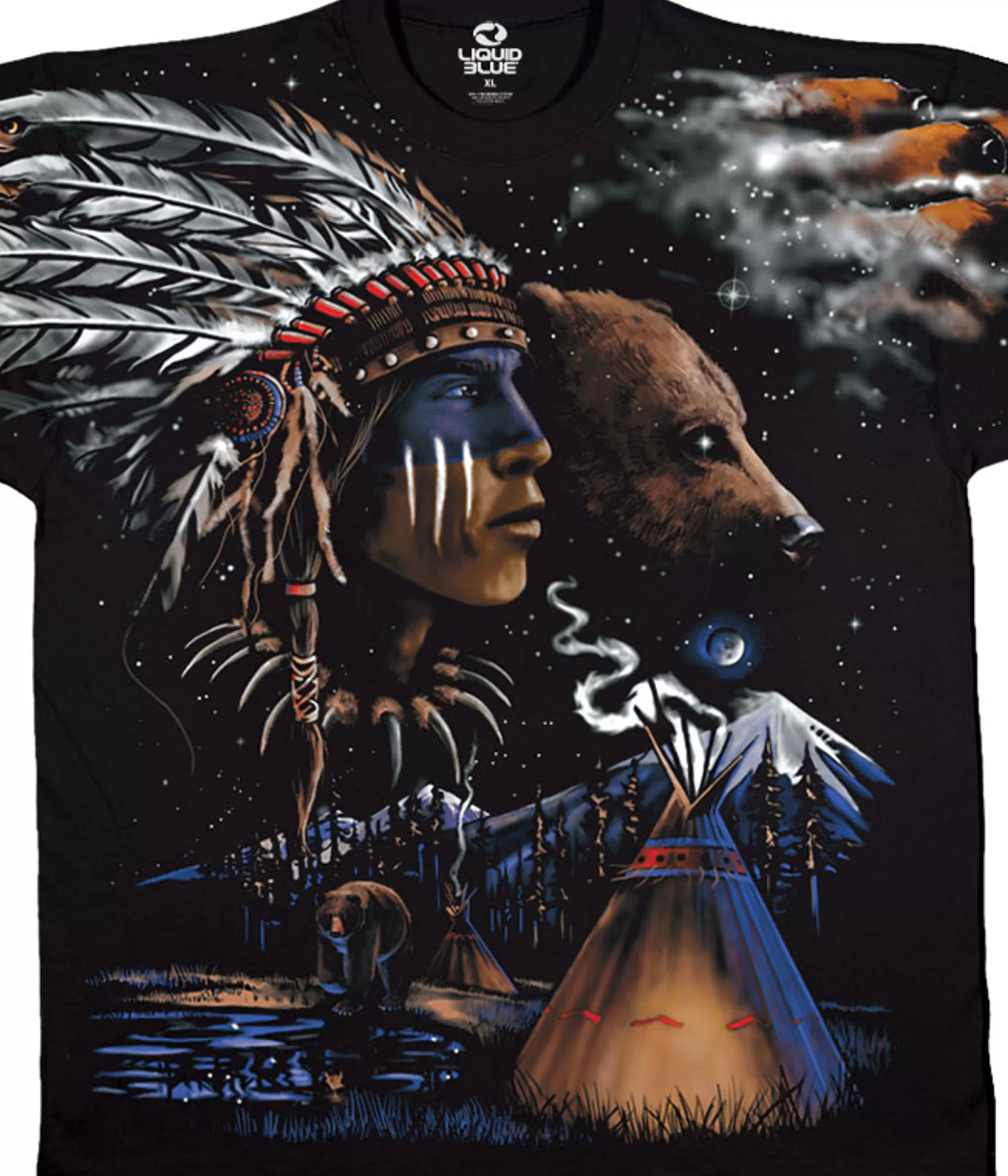 T-Shirt | American West<Liquid Blue Indian Bear Black T-Shirt