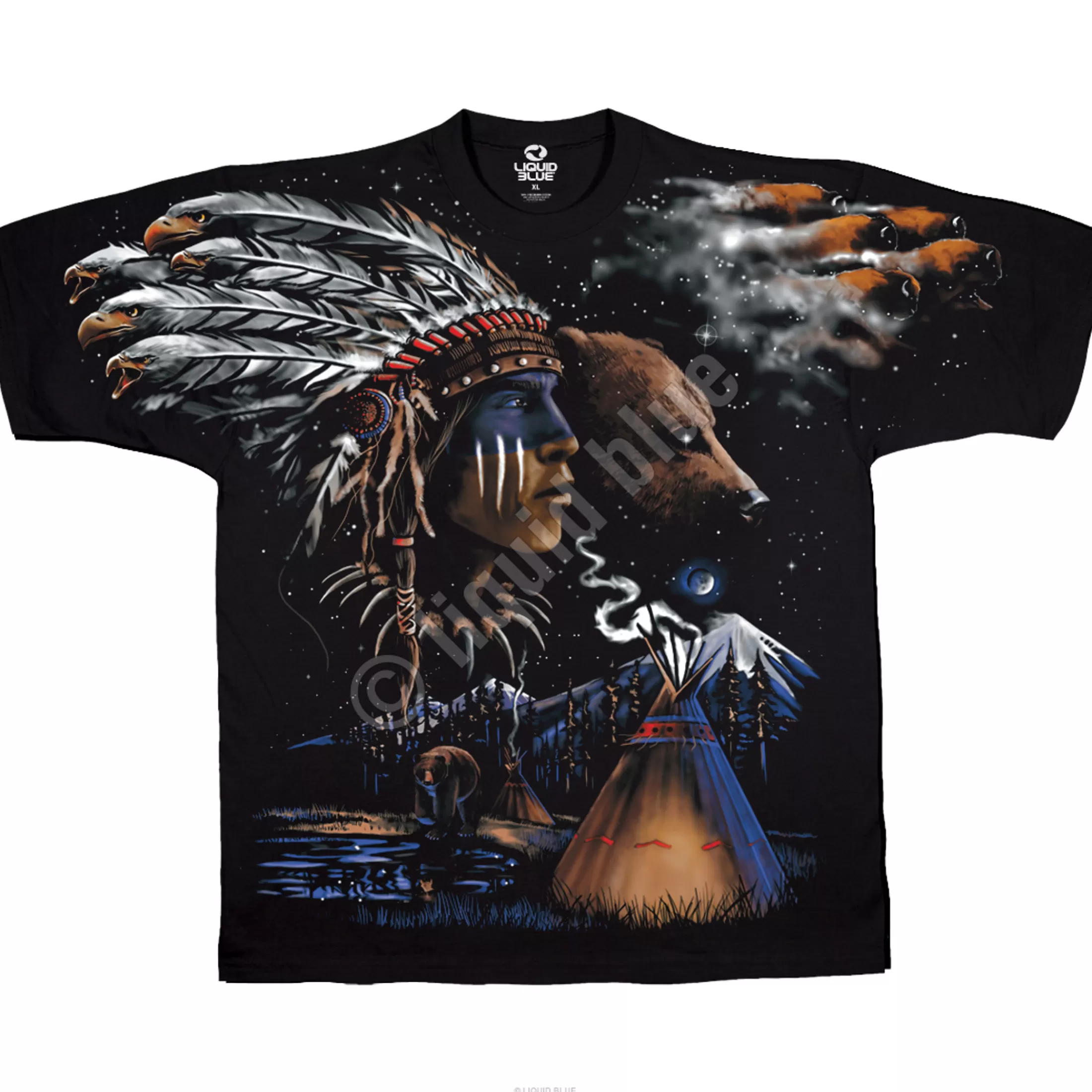 T-Shirt | American West<Liquid Blue Indian Bear Black T-Shirt