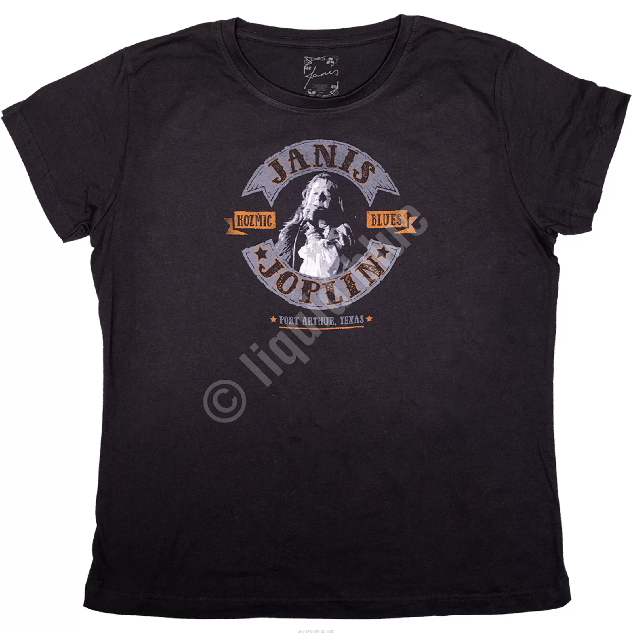 Womens Long Length | Janis Joplin<Liquid Blue Kozmic Blues Womens Long Length Black T-Shirt