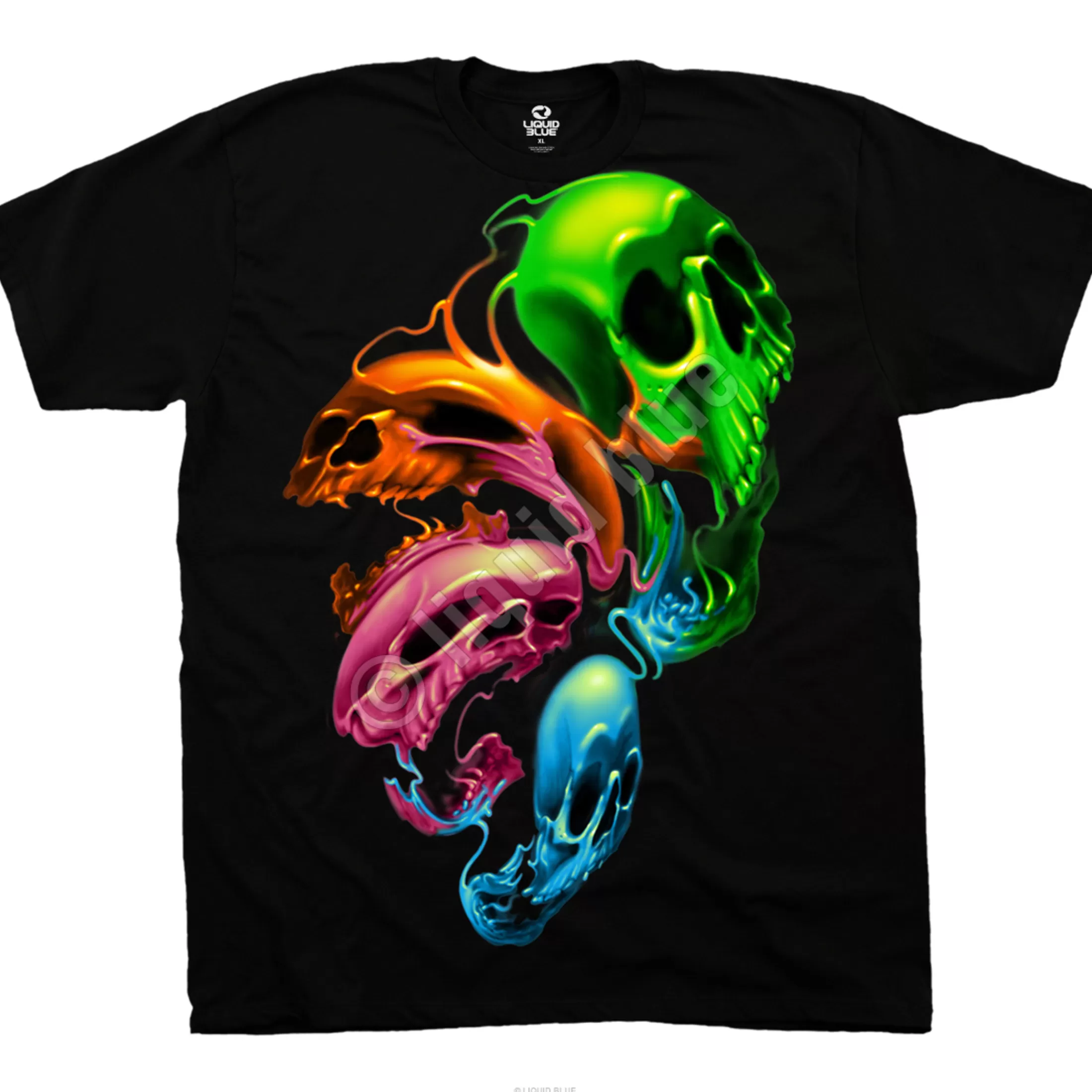 T-Shirt | Halloween<Liquid Blue Liquid Neon Skulls Black T-Shirt