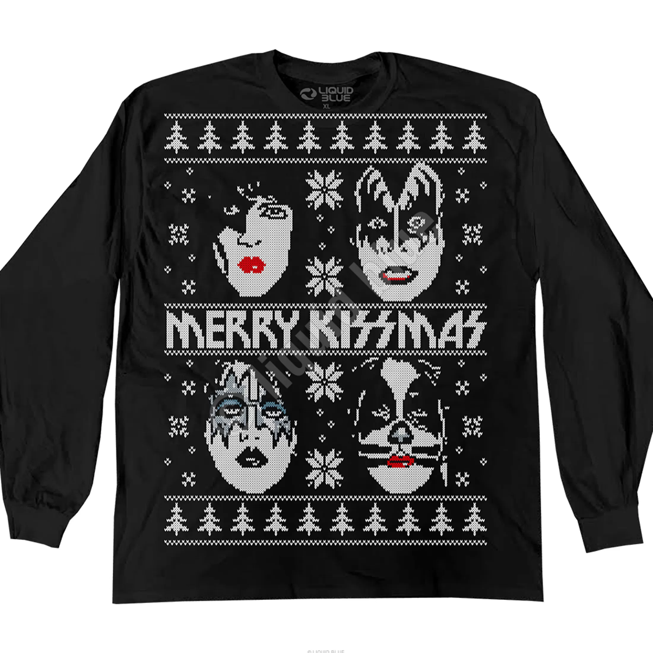 Long Sleeve | Kiss<Liquid Blue Merry KISSmas Sweater Black Long Sleeve T-Shirt