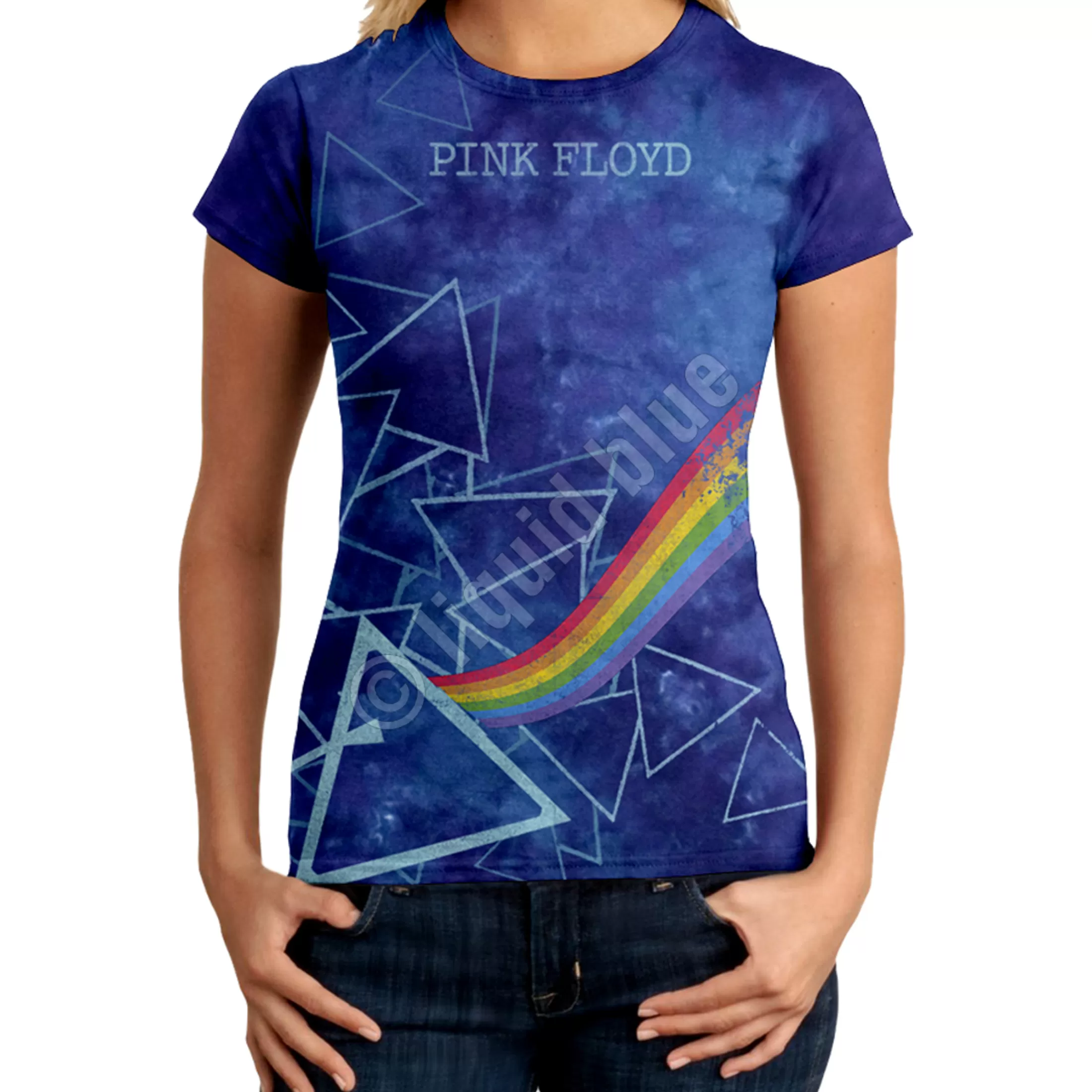 Juniors Long Length | Pink Floyd<Liquid Blue Prisms Tie-Dye Juniors Long Length T-Shirt