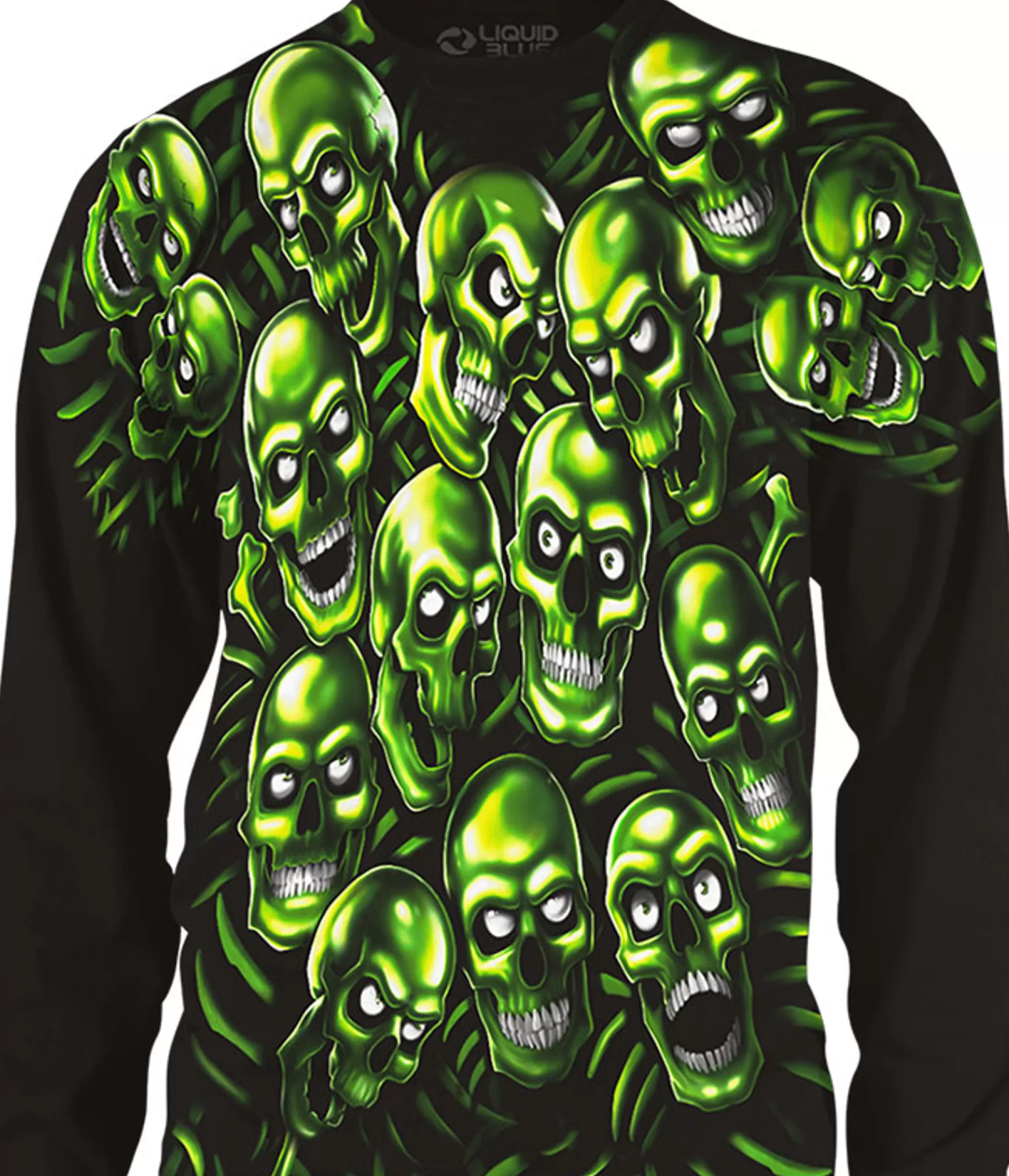 Long Sleeve | Halloween<Liquid Blue Skull Pile Black Long Sleeve T-Shirt