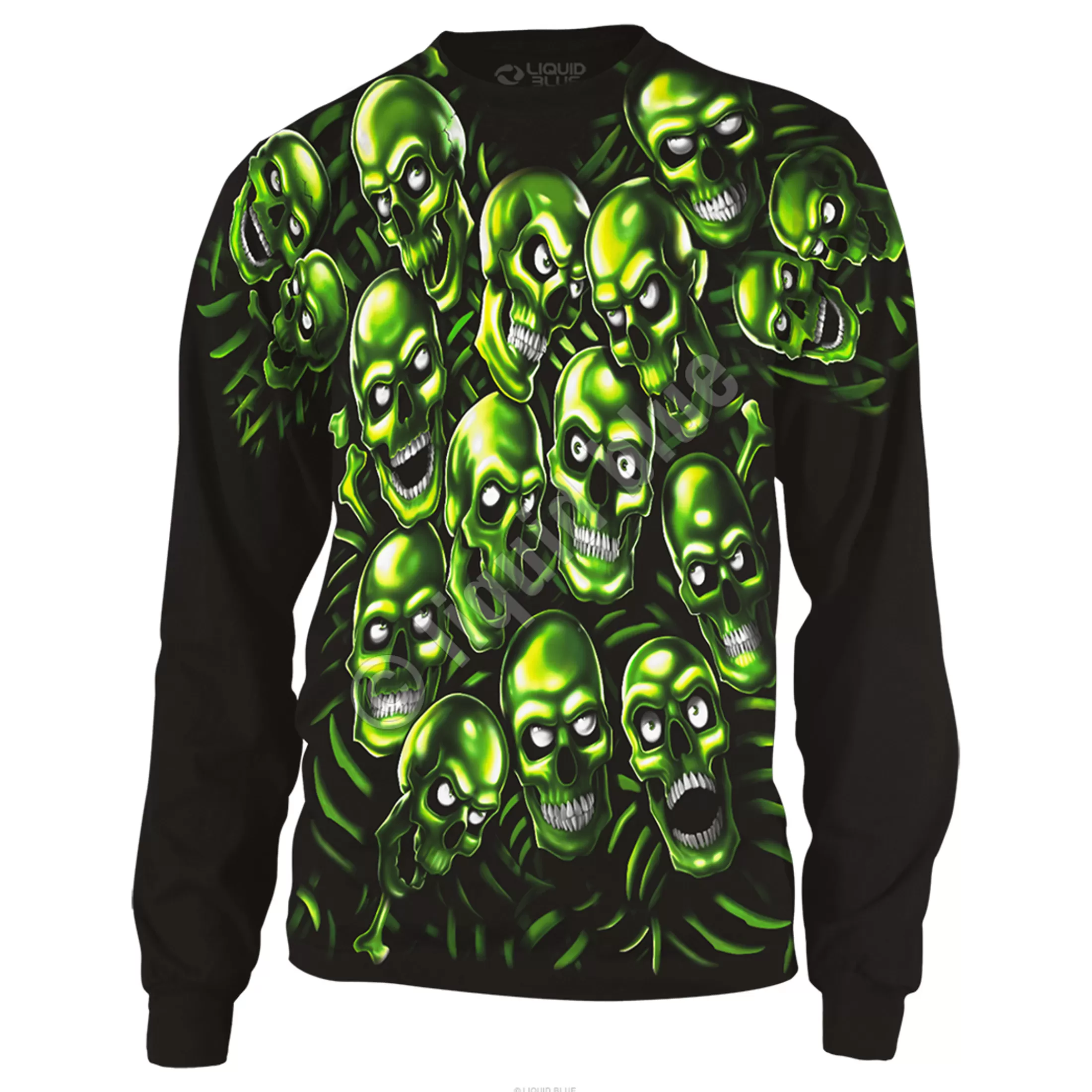 Long Sleeve | Halloween<Liquid Blue Skull Pile Black Long Sleeve T-Shirt