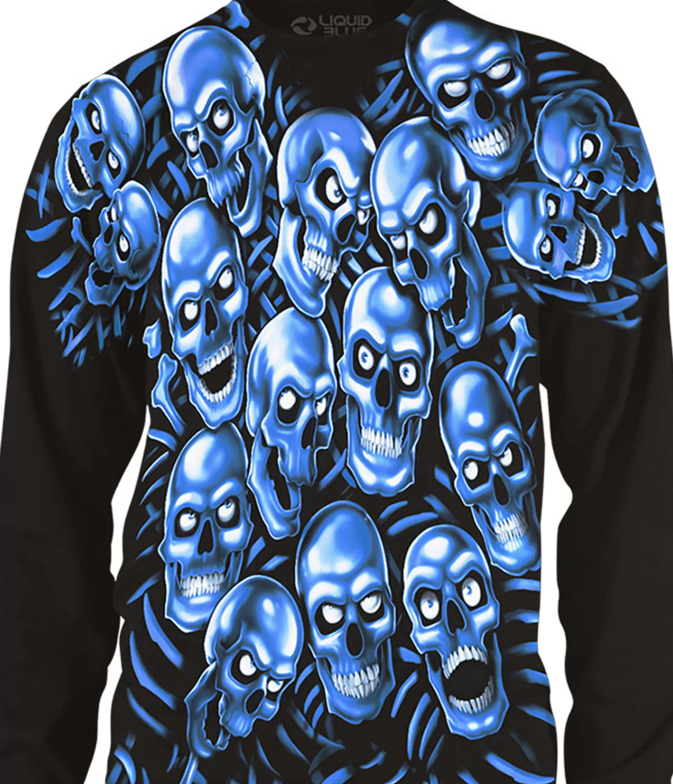 Long Sleeve | Halloween<Liquid Blue Skull Pile Blue Black Long Sleeve T-Shirt