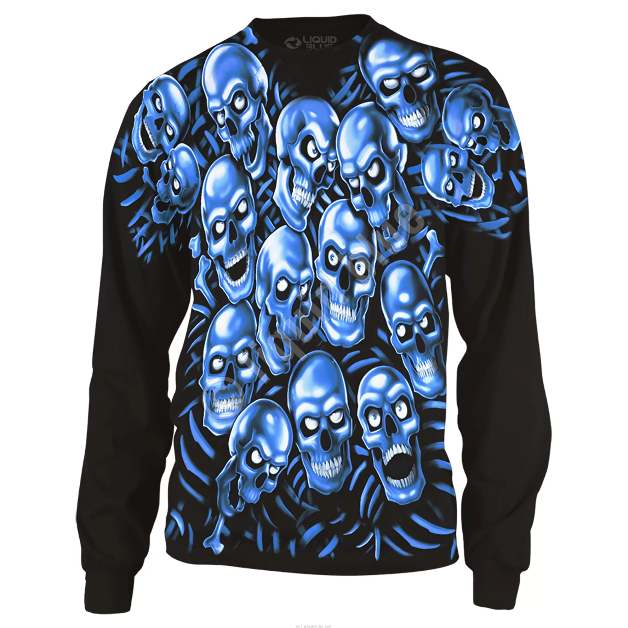 Long Sleeve | Halloween<Liquid Blue Skull Pile Blue Black Long Sleeve T-Shirt