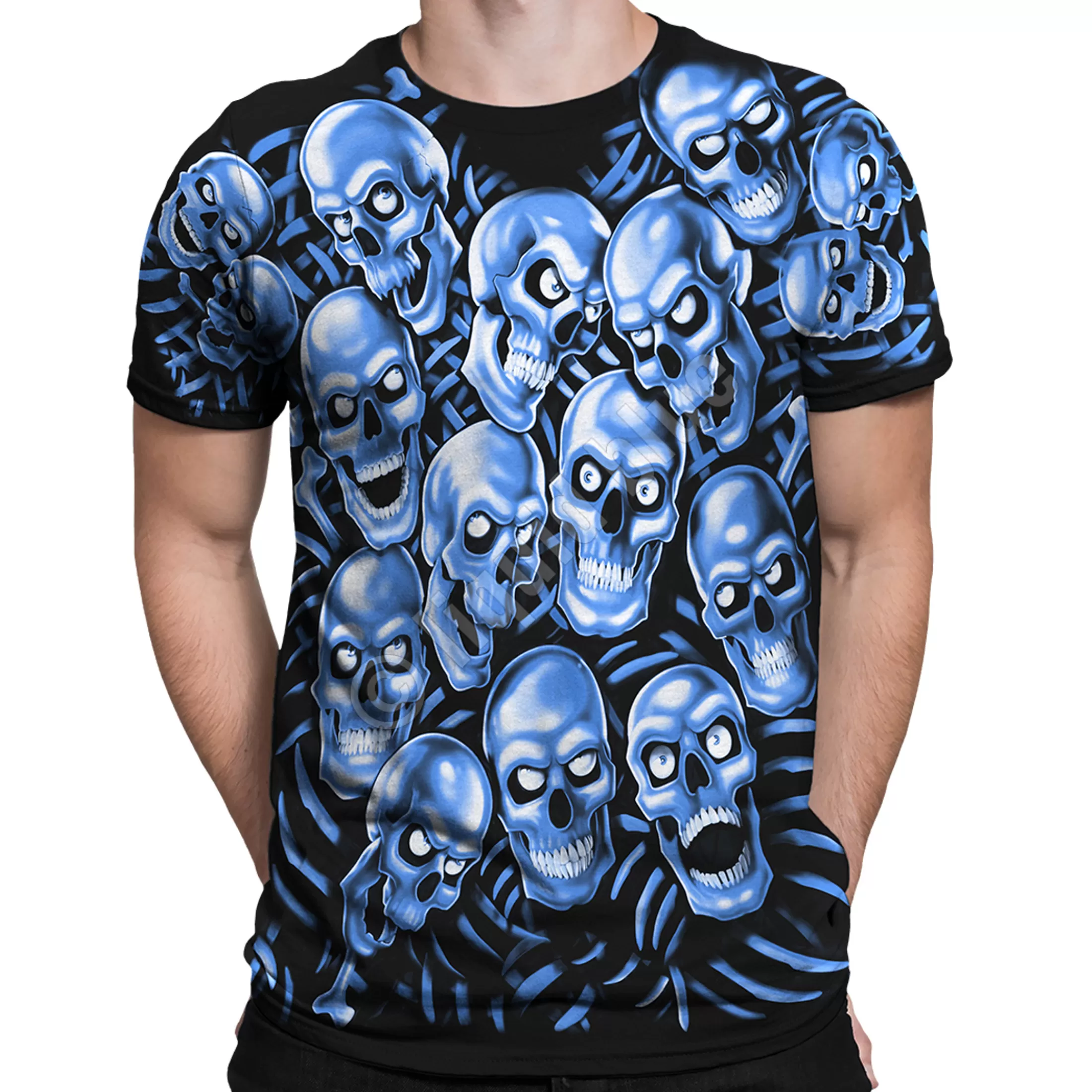 T-Shirt | Halloween<Liquid Blue Skull Pile Blue Black T-Shirt