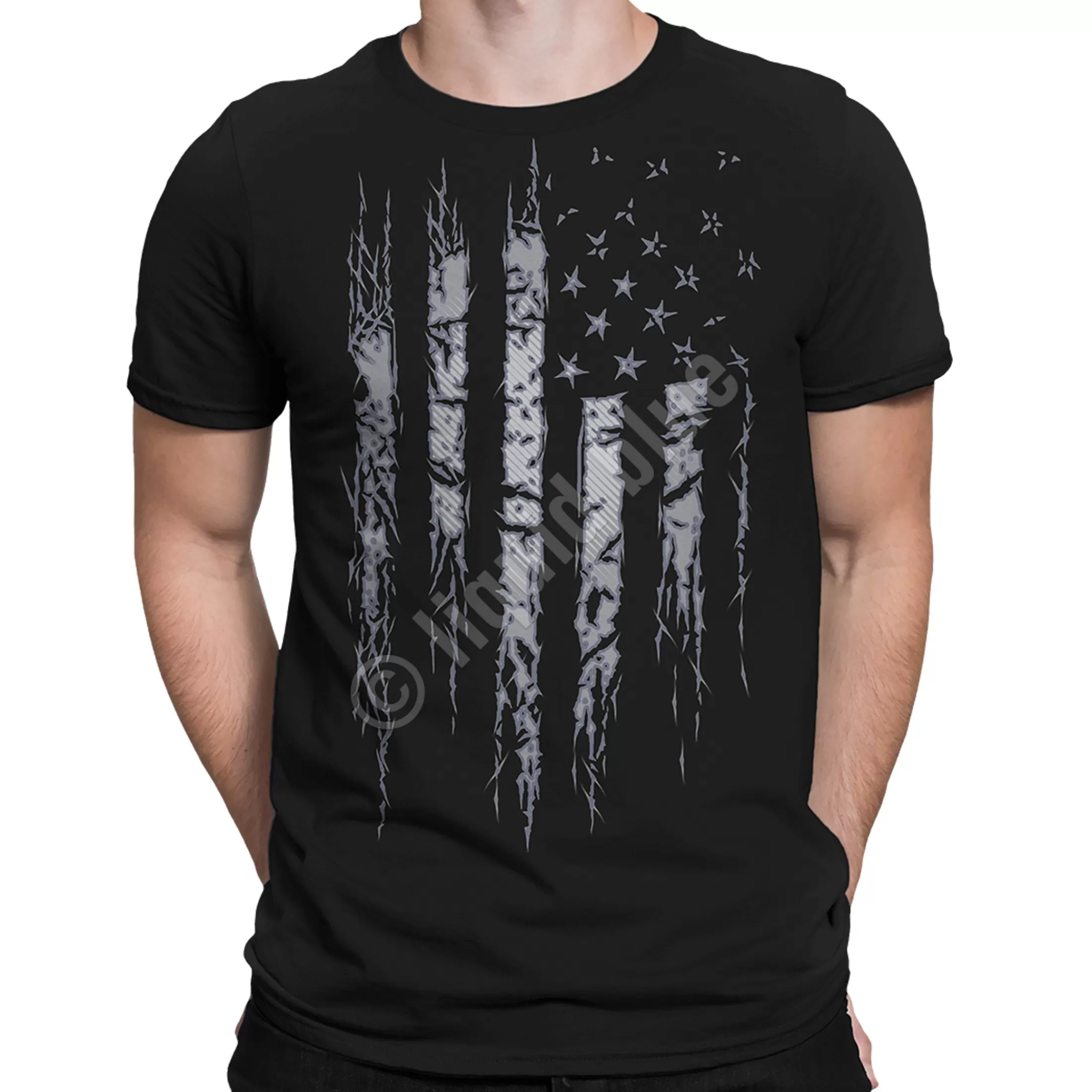 T-Shirt | Americana<Liquid Blue Tattered and Torn Black T-Shirt