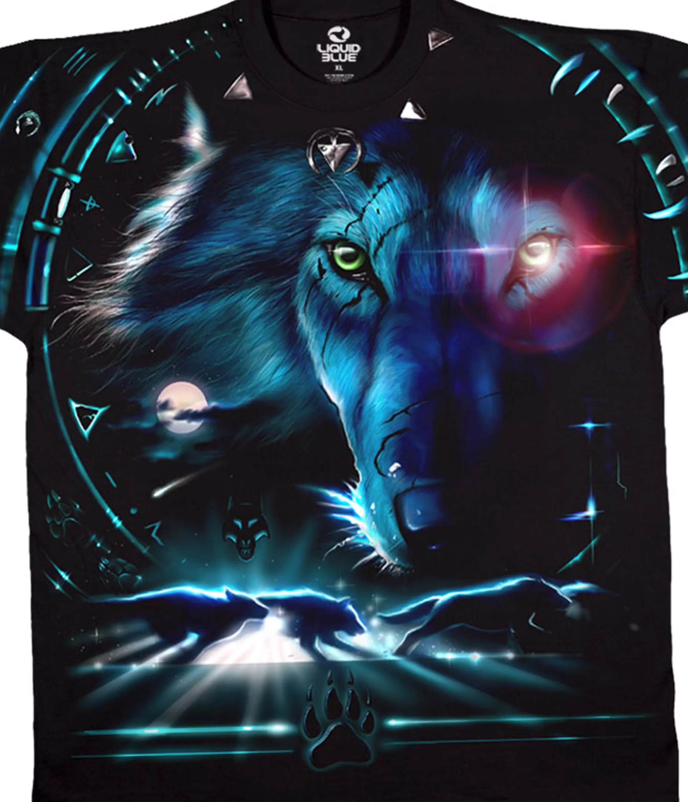 T-Shirt | American Wildlife<Liquid Blue Tribal Wolf Black T-Shirt