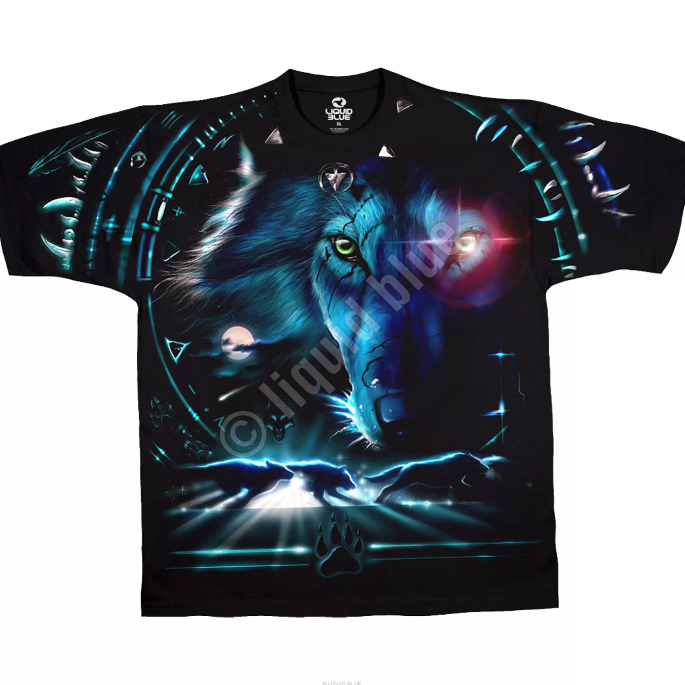 T-Shirt | American Wildlife<Liquid Blue Tribal Wolf Black T-Shirt